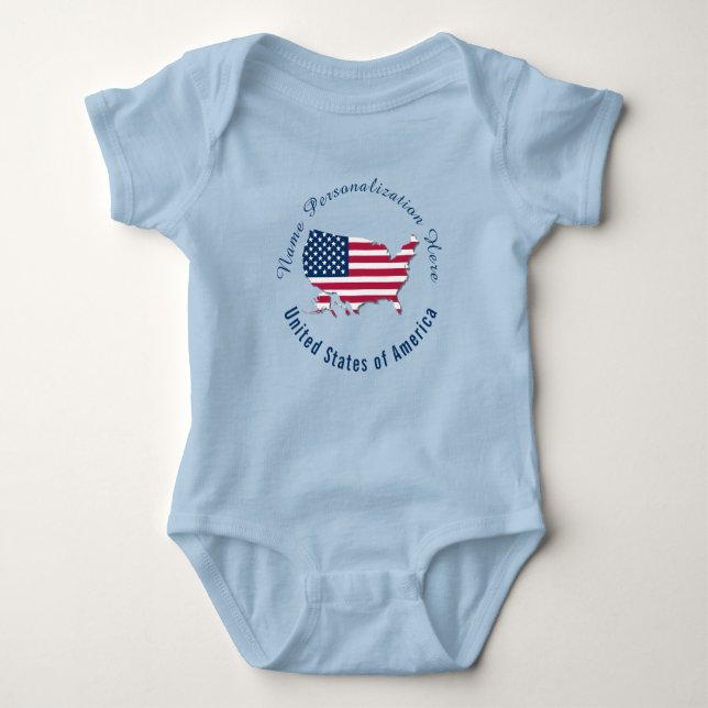Customized United States of America Flag Map Blue Baby Bodysuit (Front)