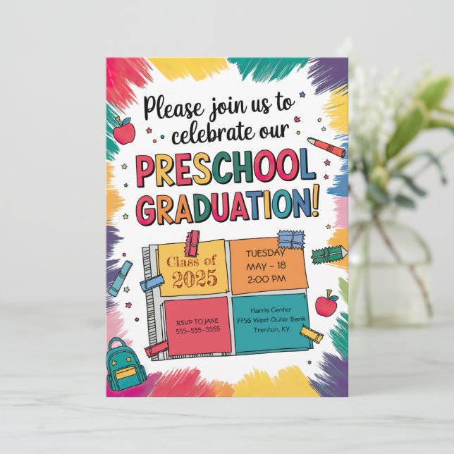 Customized Vibrant Notebook Preschool Graduation Invitation (Standing Front)