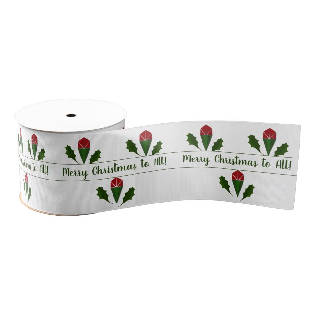 Customized Vibrant Red Roses Art & Holly Holiday Grosgrain Ribbon (Spool)