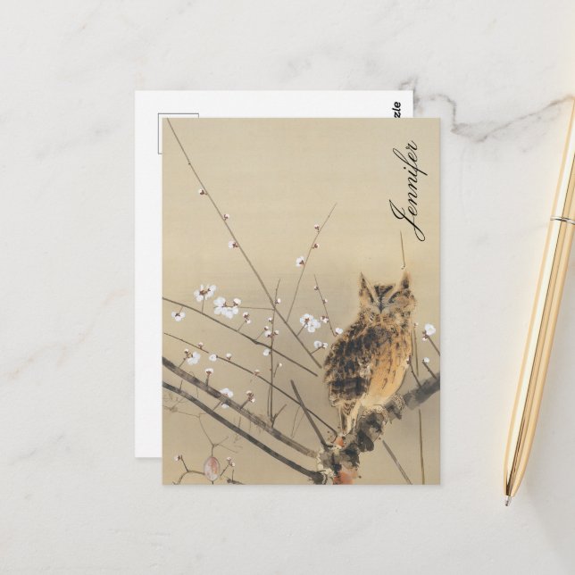 Customized Vintage Goun Owl Early Plum Blossoms Postcard (Front/Back In Situ)