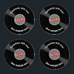 Customized Vinyl Record Coaster Set<br><div class="desc">Classic vinyl record coasters to customize with your own text wrapping round the record.</div>