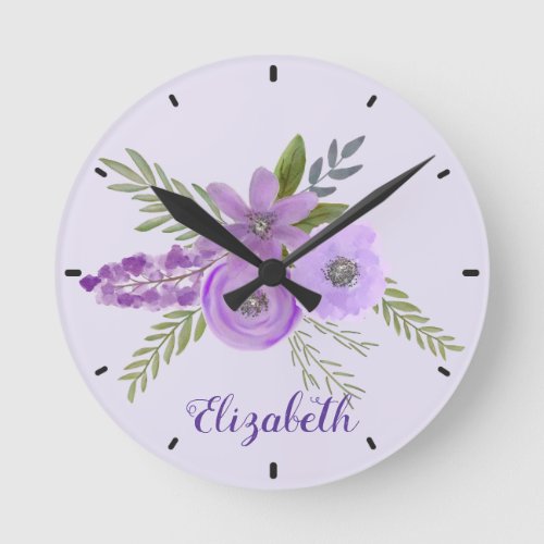Customized   Violet Lavender  Watercolor Flowers  Round Clock