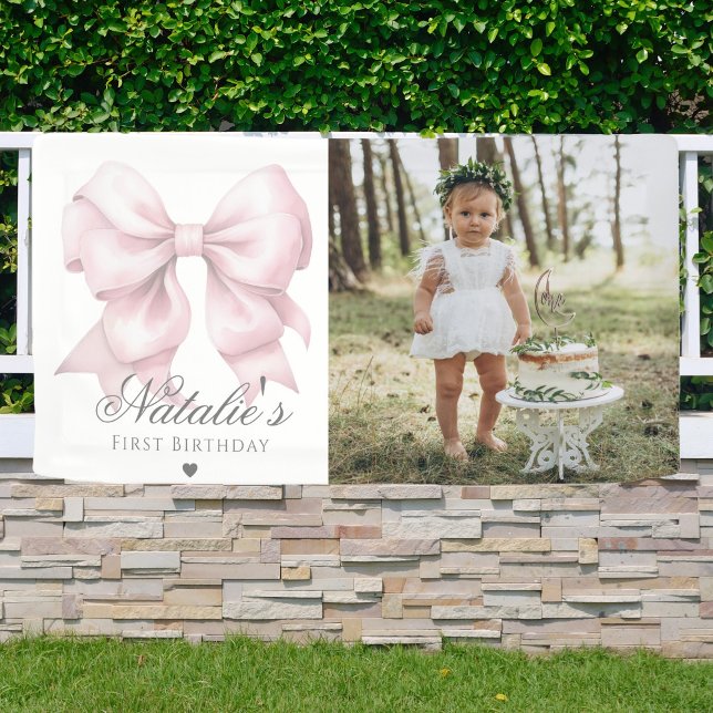 Customized Watercolor Dusty Pink Bow 1st Birthday  Banner (Creator Uploaded)