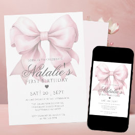 Customized Watercolor Dusty Pink Bow 1st Birthday Invitation