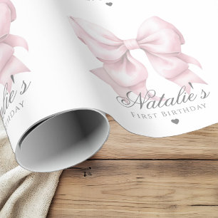 Customized Watercolor Dusty Pink Bow 1st Birthday  Wrapping Paper