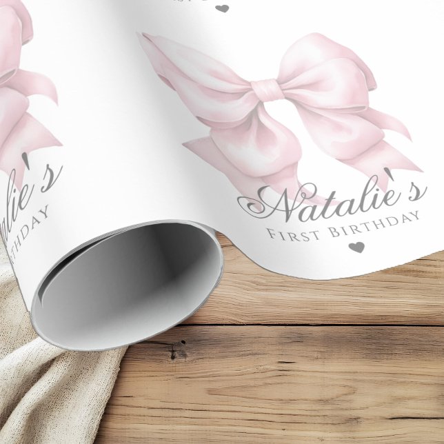 Customized Watercolor Dusty Pink Bow 1st Birthday  Wrapping Paper (Creator Uploaded)