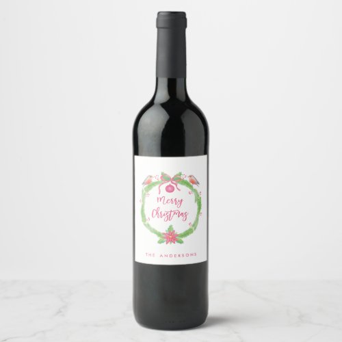 Customized Watercolor Holly Wreath Merry Christmas Wine Label