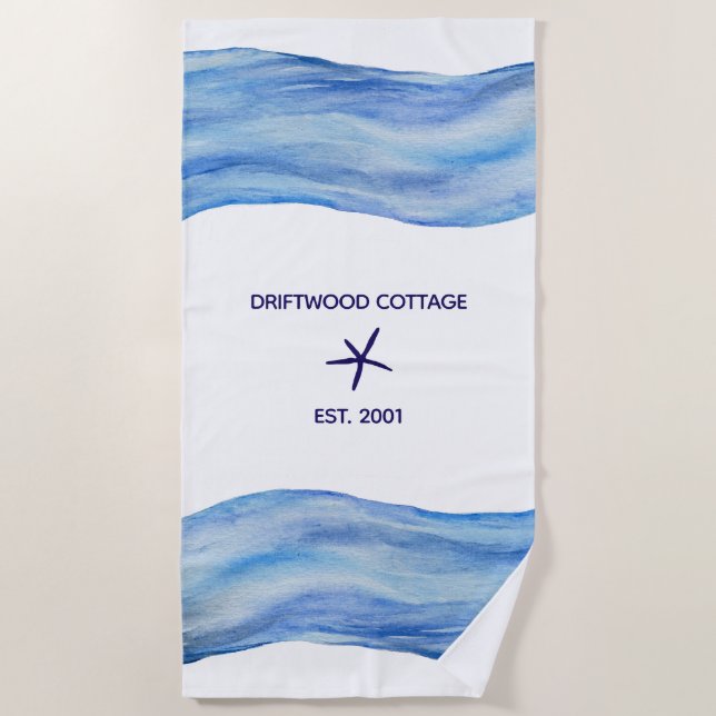 Customized Watercolor Wave Beach House Towel (Front)