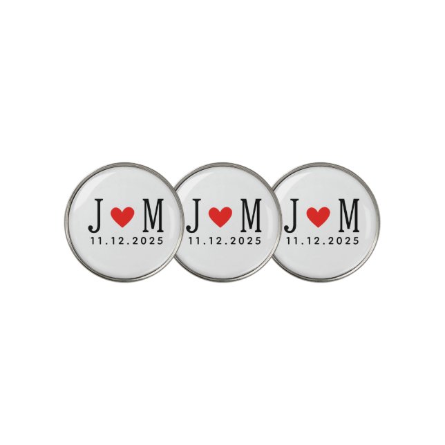Customized wedding Couple Name Date Red Love Golf Ball Marker (3 Up)