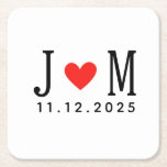 Customized wedding Couple Name Date Red Love Square Paper Coaster