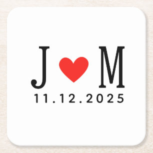 Customized wedding Couple Name Date Red Love Square Paper Coaster