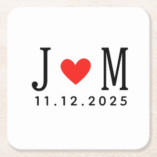 Customized wedding Couple Name Date Red Love Square Paper Coaster