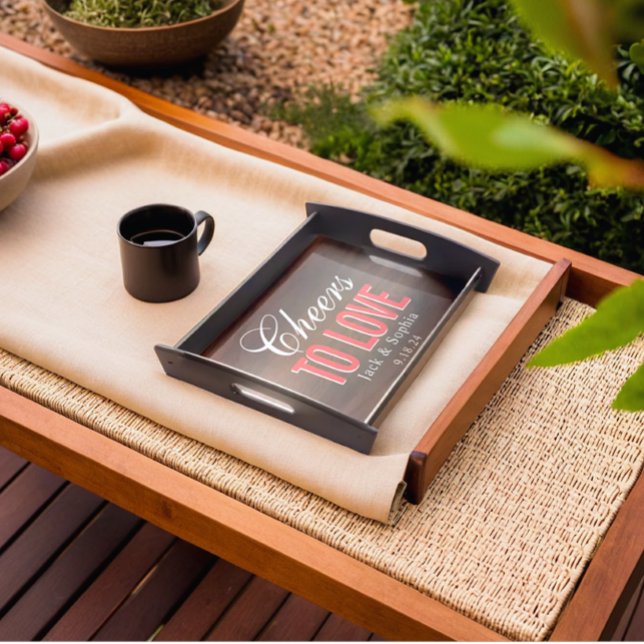 Customized Wedding Couple Name Date Red White Text Serving Tray (Modern couple name with date serving tray)