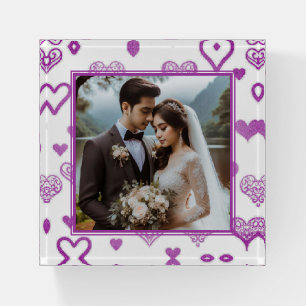 Customized Wedding Photo Purple Decorative Hearts Paperweight