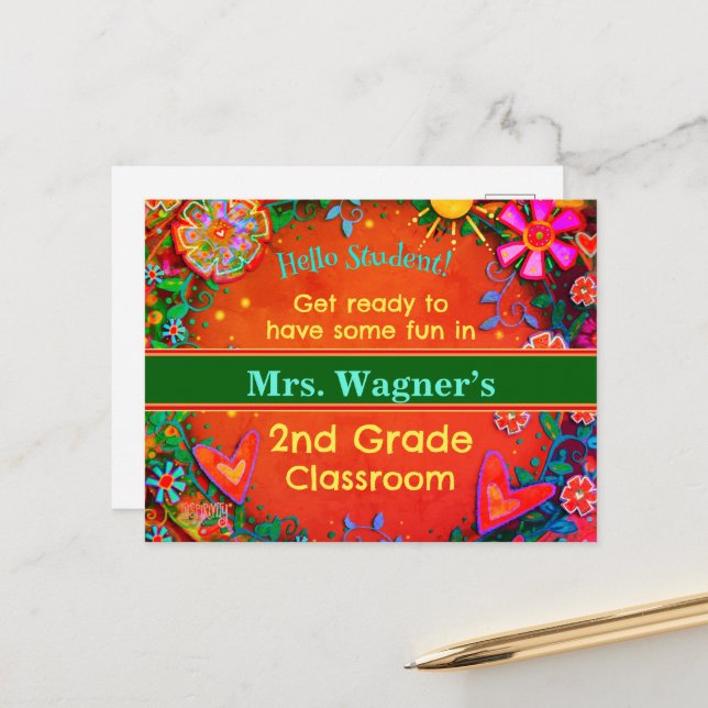 Customized Welcome Back To School Floral Hearts Holiday Postcard (Front/Back In Situ)