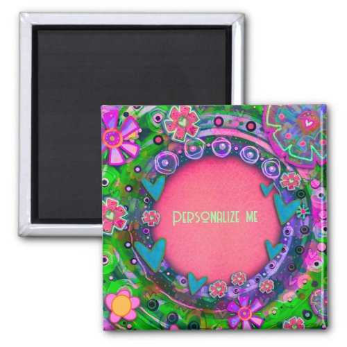 Customized Whimsical Pretty Pink Green Floral Magnet