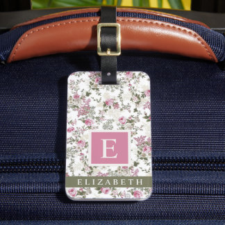 Customized White Floral Pink Green Rose Flowers Luggage Tag