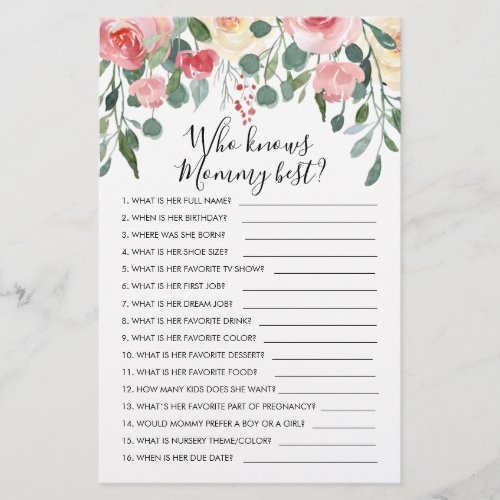 Customized Who knows Mommy Best Baby Shower Game