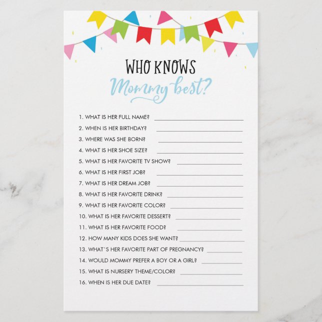 Customized Who knows Mommy Best? Baby Shower Game (Front)