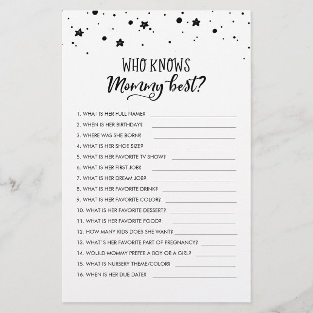 Customized Who knows Mommy Best? Baby Shower Game (Front)