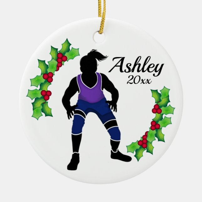 Customized Wrestling Xmas Purple & Blue Ceramic Ornament (Front)