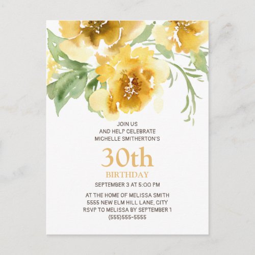 Customized Yellow Floral 30th Birthday Postcard