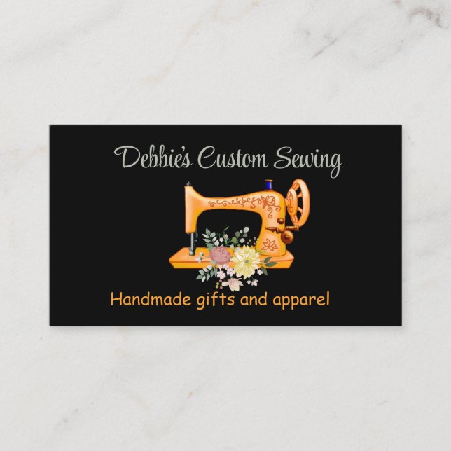 Customized Yellow Sewing Machine on Black  Business Card (Front)