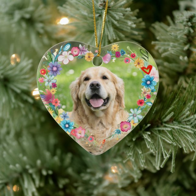 CustomPhoto Pet Memorial Floral Heart Shaped  Ceramic Ornament (Tree)