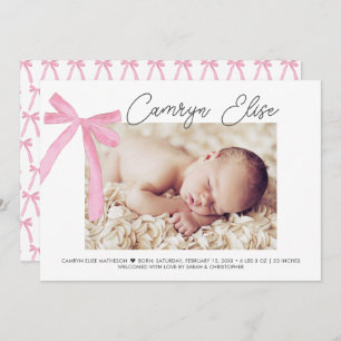 CustomPink Bow Ribbon Baby Girl Script Name Photo Thank You Card