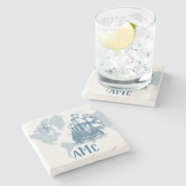 CustomSailboat with Monogram Nautical Stone Coaster (Side)