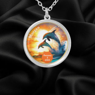 CustomSobriety Milestone Gift - Dolphin Sunset Silver Plated Necklace