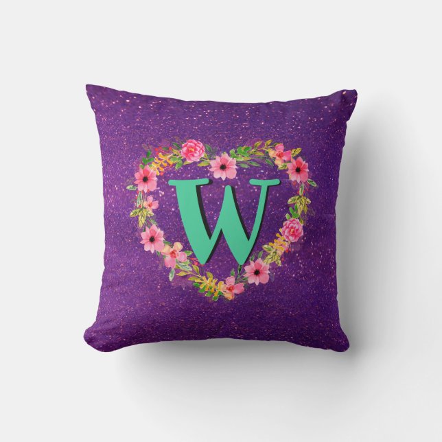 CustomText/Purple Gold Glitter Floral Heart Wreath Throw Pillow (Front)