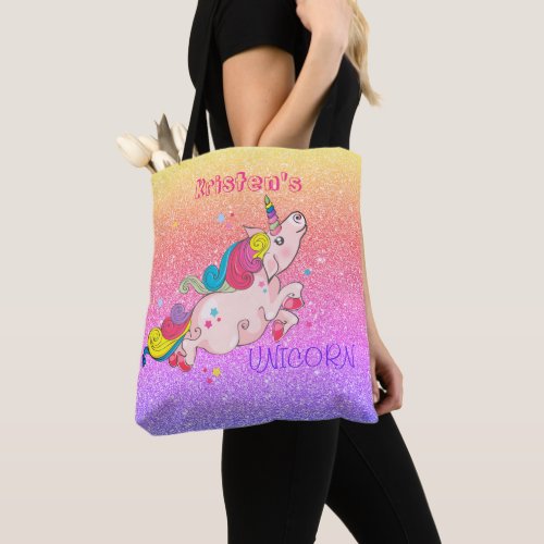 CustomText Rainbow Kawaii Unicorn Glitter Ombre Tote Bag