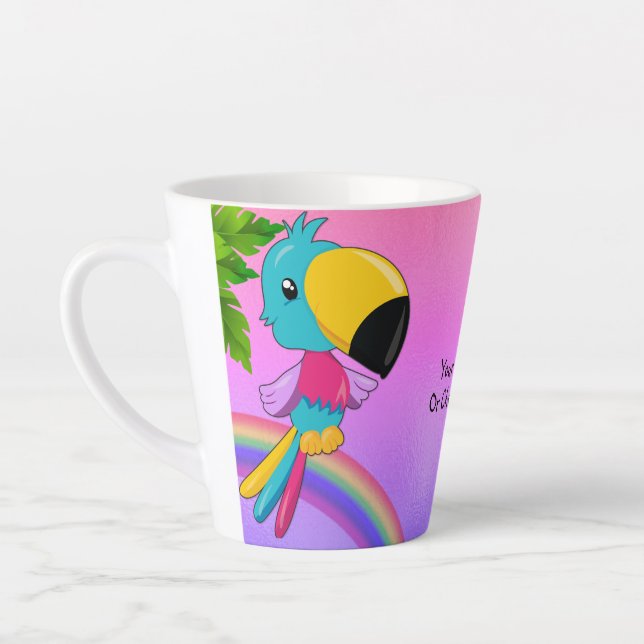 CustomText/ Tropical Kawaii Toucan Beach Rainbow Latte Mug (Left)