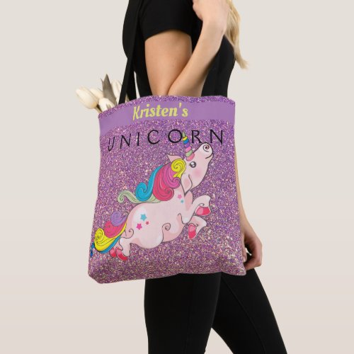 CustomText Unicorn Kawaii Gold PinkPurple Glitter Tote Bag