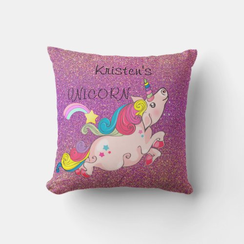 CustomText Unicorn Kawaii Rainbow Ombre Glitter Throw Pillow