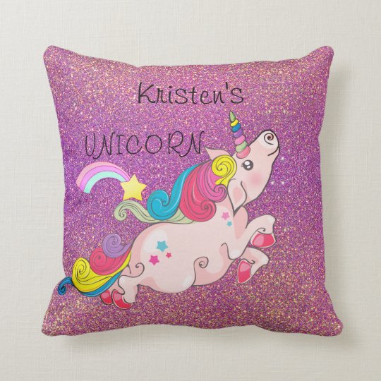 CustomText/ Unicorn Kawaii Rainbow Ombre Glitter Throw Pillow