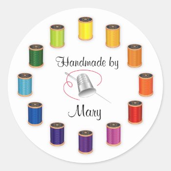 Customze Your Sewing  Thimble  Needle And Thread  Classic Round Sticker by pomegranate_gallery at Zazzle