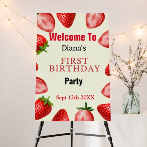 custumized welcome berry first birthday party sign