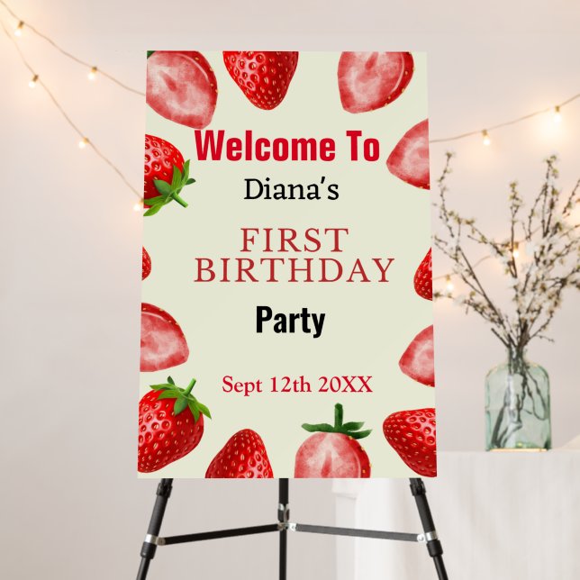 custumized welcome berry first birthday party sign (In Situ (Stand))
