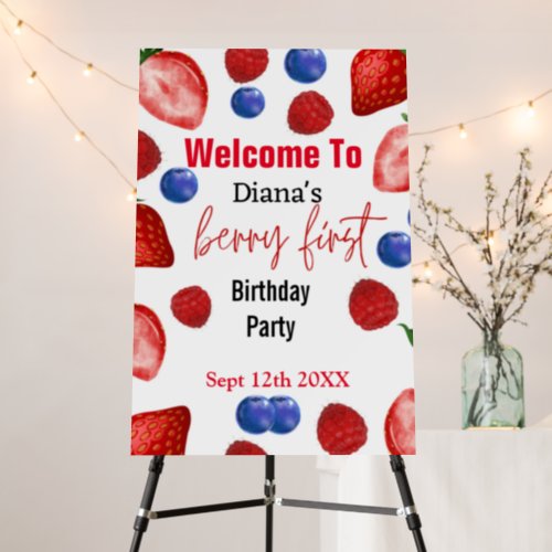 custumized welcome berry first birthday party sign