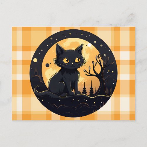 Cut Black Cat Orange and White Plaid Halloween Holiday Postcard