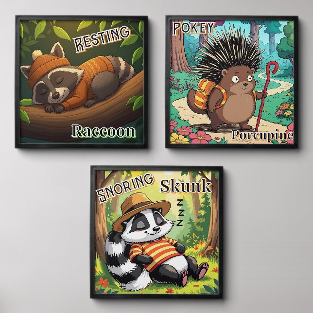 Cut Cartoon Skunk, Porcupine and Raccoon Peel And Stick Photo Tile (Front Set)
