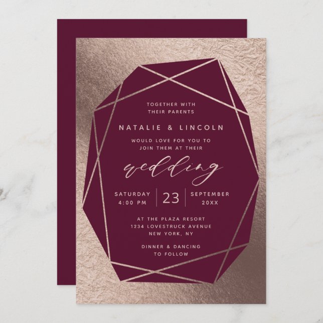 Cut Gemstone Burgundy Wine Rose Gold Foil Wedding Invitation (Front/Back)