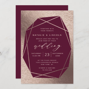 Cut Gemstone Burgundy Wine Rose Gold Foil Wedding Invitation