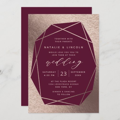Cut Gemstone Burgundy Wine Rose Gold Foil Wedding Invitation