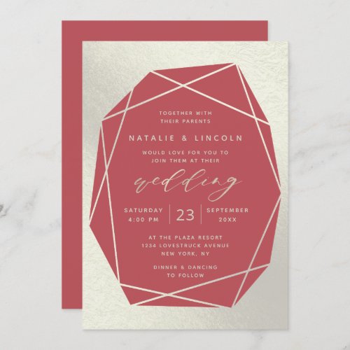 Cut Gemstone Coral Pink  Ivory Foil Wedding Invitation