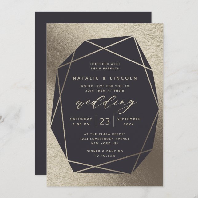Cut Gemstone Custom Background Color Foil Wedding Invitation (Front/Back)