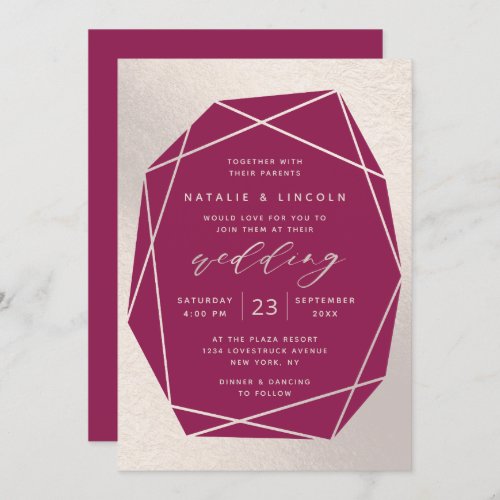 Cut Gemstone Magenta  Champagne Pink Foil Wedding Invitation