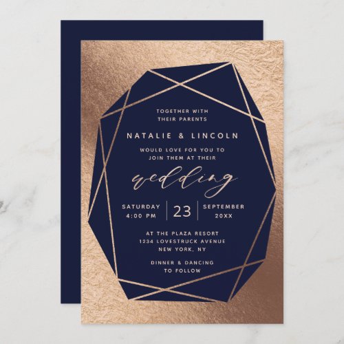Cut Gemstone Navy Blue  Copper Foil Wedding Invitation